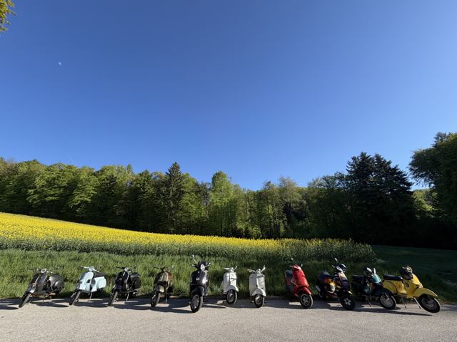 Gruppe mit Vespas am Rand eines Rapsfelds